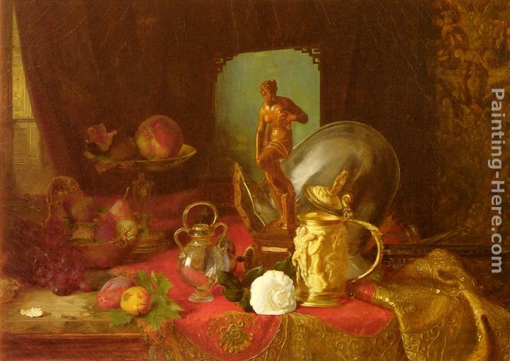 Blaise Alexandre Desgoffe A Still Life with Fruit, Objets d'Art and a White Rose on a Table